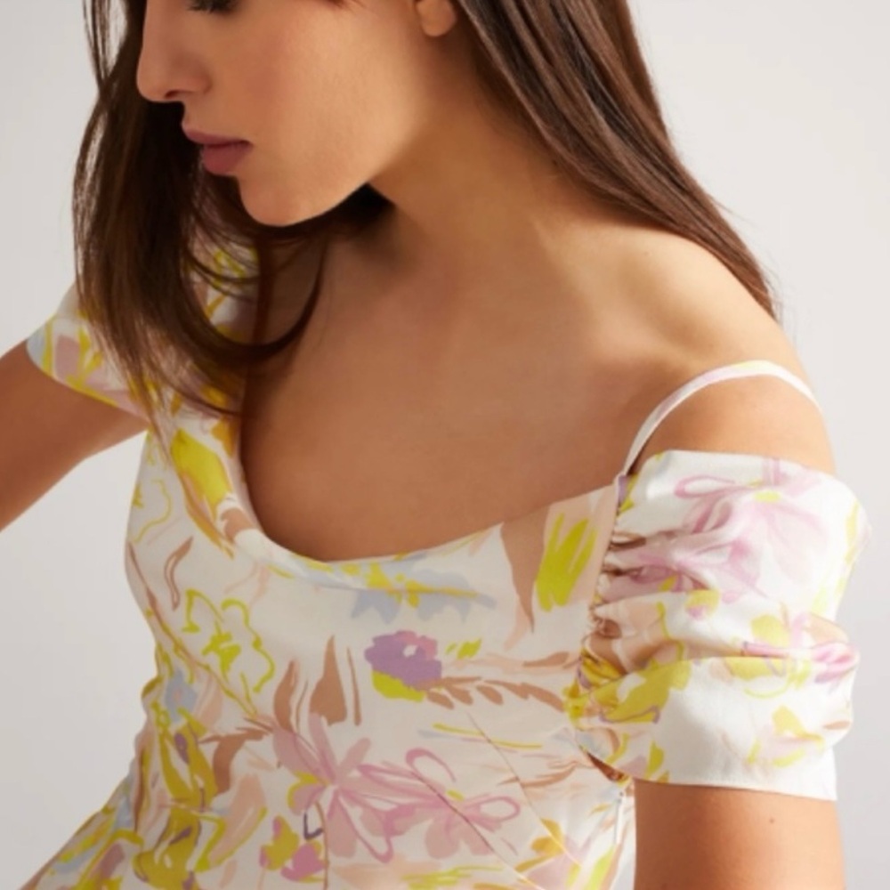 Ted Baker London Camily Floral Satin Cowl Neck Cold Shoulder Mini Dress Ivory 4 - Picture 3 of 16